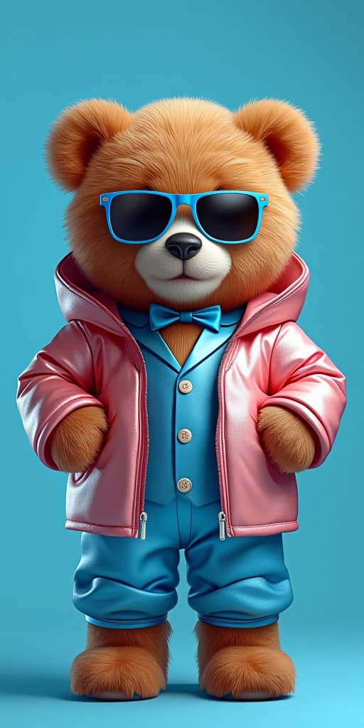  portrait of a funny cute teddy bear toy posing and wearing sunglasses, a pink metallic jacket with a hood, and blue metallic suit. blue background with copy space. pastel colors, high quality, high details, hd, perfect composition, 4k epic detailed, highly detailed, sharp focus, high resolution