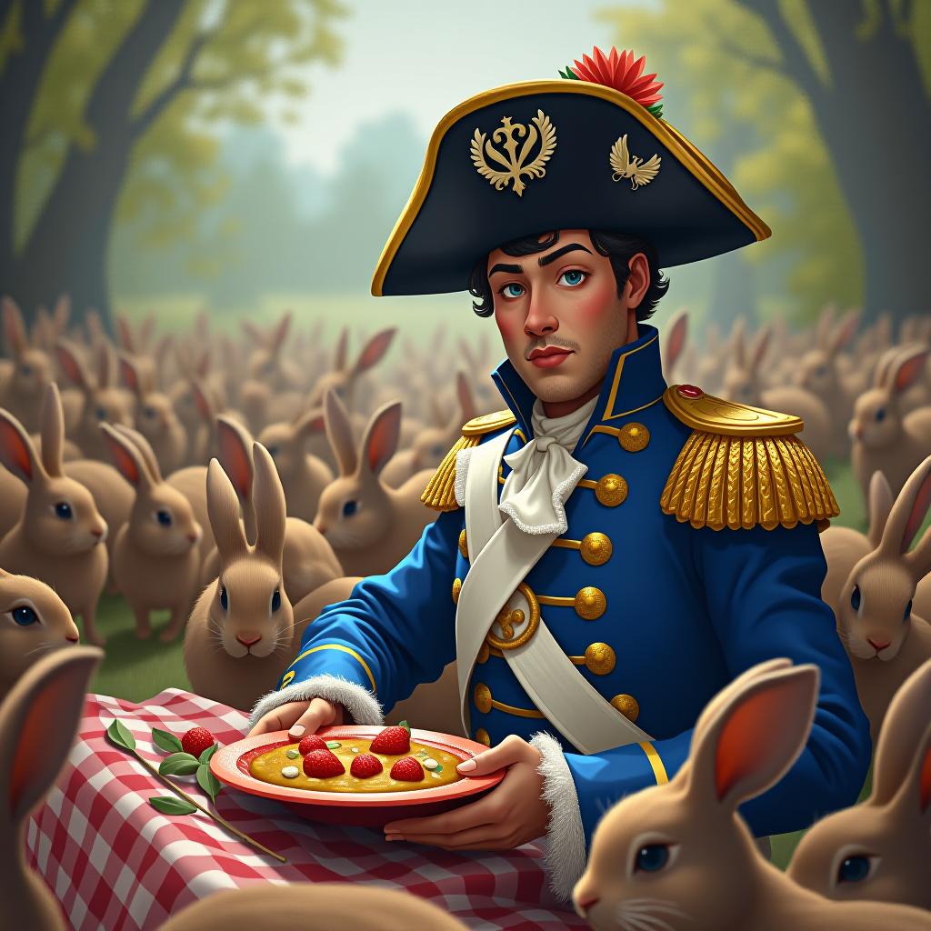  create a high quality, photorealistic image that vividly depicts the following scene: a psychedelic digital art piece depicting napoleon bonaparte, donned in an ornate royal blue period uniform with gleaming gold shoulder pads, exuding a puzzled expression, amidst a crowd of hungry bunnies. the context epitomizes a quintessential vibrant french rural backdrop with an interrupted picnic scene causing mayhem. the picture adopted a high contrast and saturation approach, with lively brush strokes, with primary focus allotted to the main event while the scenic background melts into hazy, impressionistic touch, eliciting vibes of end 18th century art. developed digitally using a wacom tablet, the art represents a 4k resolution and a lossless hyperrealistic, full body, detailed clothing, highly detailed, cinematic lighting, stunningly beautiful, intricate, sharp focus, f/1. 8, 85mm, (centered image composition), (professionally color graded), ((bright soft diffused light)), volumetric fog, trending on instagram, trending on tumblr, HDR 4K, 8K