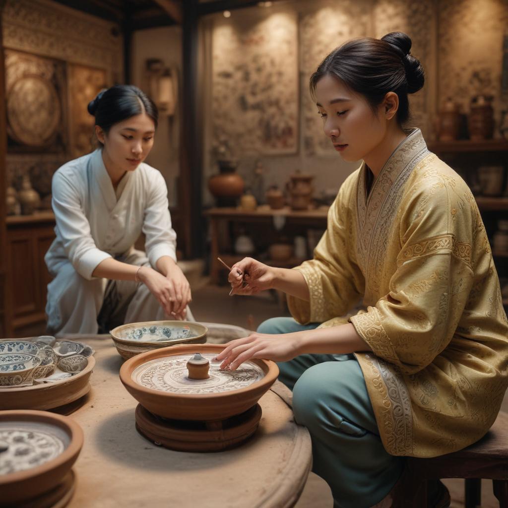 ((masterpiece)),(((best quality))), 8k, high detailed, ultra detailed,Exploring Yingge Ceramics Museum, a group of tourists listening to a guide, a ceramic artist creating a masterpiece on a pottery wheel, intricate patterns on decorative plates, soft ambient lighting hyperrealistic, full body, detailed clothing, highly detailed, cinematic lighting, stunningly beautiful, intricate, sharp focus, f/1. 8, 85mm, (centered image composition), (professionally color graded), ((bright soft diffused light)), volumetric fog, trending on instagram, trending on tumblr, HDR 4K, 8K