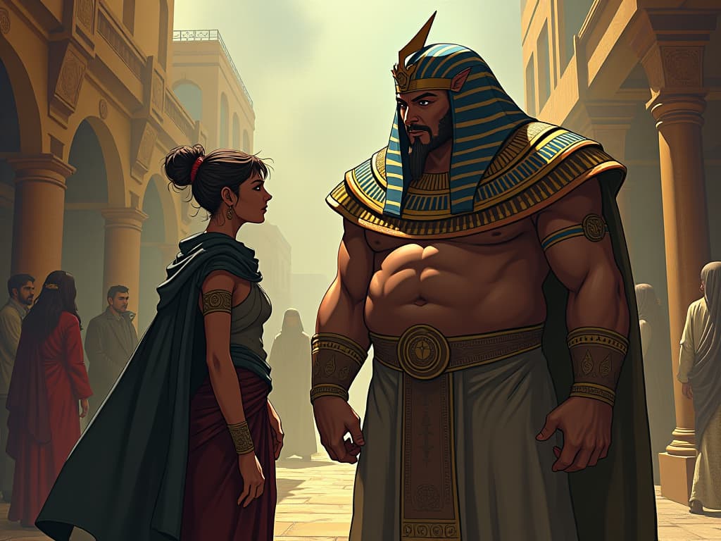  stranger sharing deepest fears with a serene, large busted figure in a chance encounter in a marketplace. the style is digital art illustration / modern comic book / mysterious occult, symbolic, esoteric vibe,high detail on character design, incorporating ancient egyptian symbology and attire.