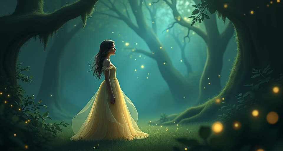  a young ethereal woman in a flowing, faintly glowing gown stands alone in a dense, enchanted forest, her expression one of wonder and confusion. luminous fireflies hover around her, and a shimmering magical aura envelops the scene, adding an inexplicable, mystical quality.. the style is digital art illustration,highly detailed, whimsical,magical, dreamlike atmosphere, realism and fantasy blend, smooth, glossy textures,luminous quality, wonder and enchantment.