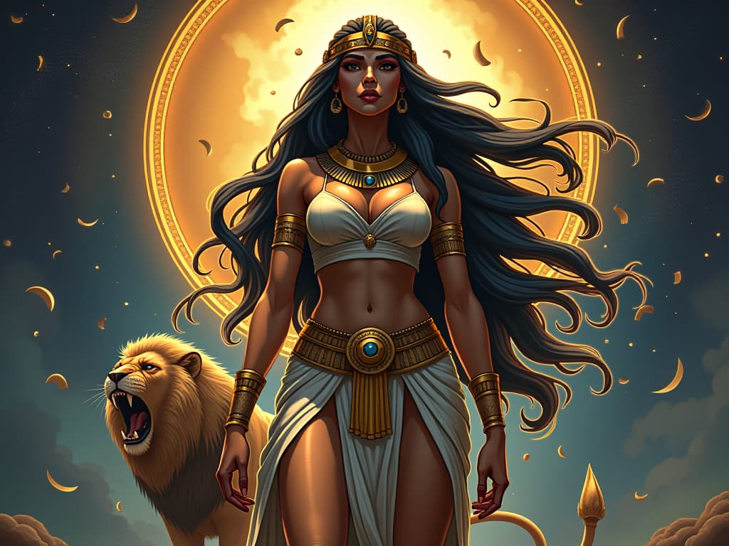  a large busted priestess, wearing a tight, shimmering dress, standing before a roaring lion, celestial background, symbols of strength, fortification. the style is digital art illustration / modern comic book / mysterious occult, symbolic, esoteric vibe,high detail on character design, incorporating ancient egyptian symbology and attire.