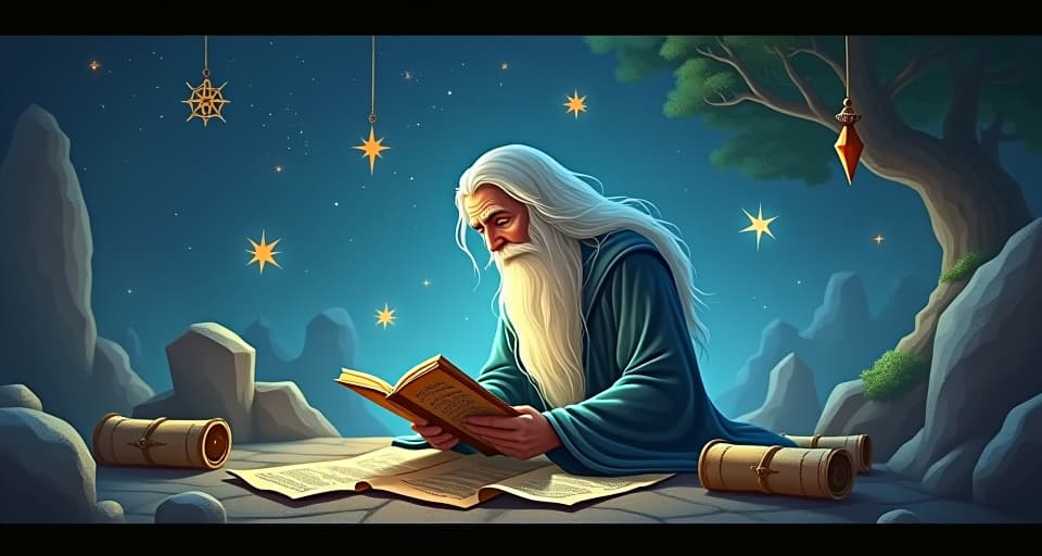  an ethereal sage under a starry sky, surrounded by magical symbols and ancient scrolls, intent on deciphering their meanings, contemplative and wise.. the style is digital art illustration,highly detailed, whimsical,magical, dreamlike atmosphere, realism and fantasy blend, smooth, glossy textures,luminous quality, wonder and enchantment.