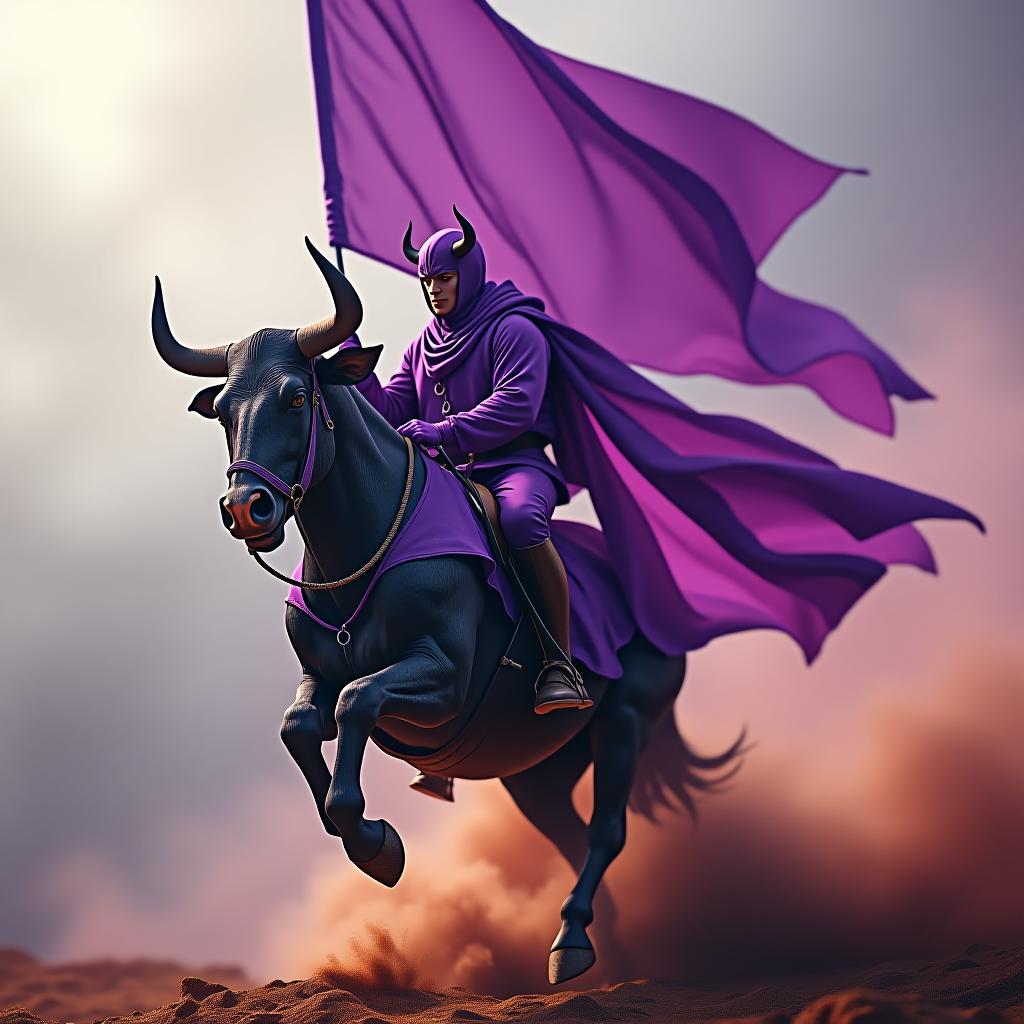  bull getleman riding a purple rocket while holding a purple flag. hyperrealistic, full body, detailed clothing, highly detailed, cinematic lighting, stunningly beautiful, intricate, sharp focus, f/1. 8, 85mm, (centered image composition), (professionally color graded), ((bright soft diffused light)), volumetric fog, trending on instagram, trending on tumblr, HDR 4K, 8K