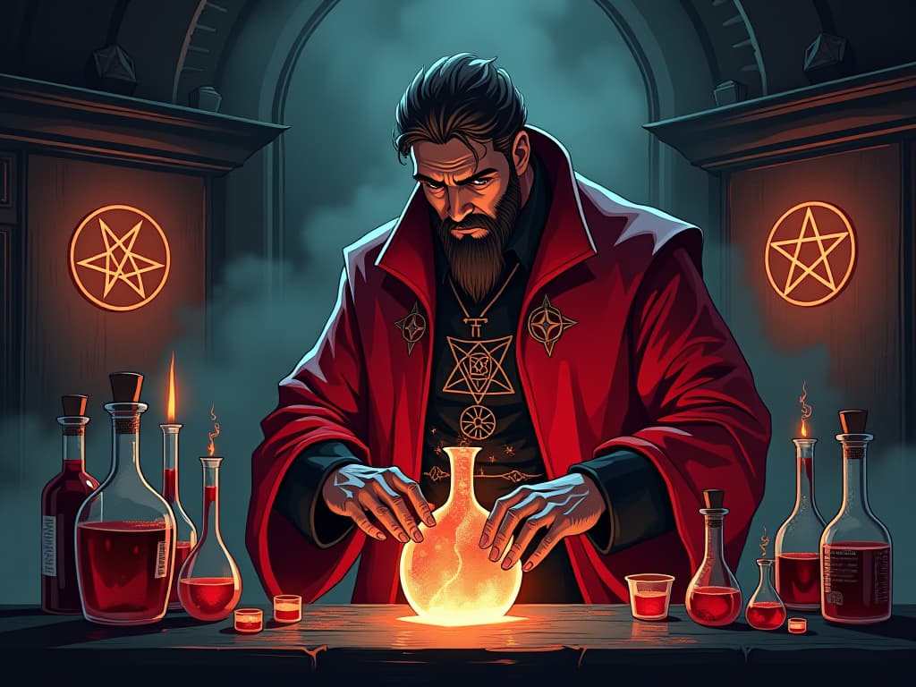  alchemist in red garments, observing bubbling potions, aura of contemplation and metamorphosis, ancient symbols glowing. the style is digital art illustration / modern comic book / graphic dark novel fantasy and mysterious occult, symbolic, moody lighting, esoteric vibe,high detail on character design. for the color scheme emphasize blacks and reds.