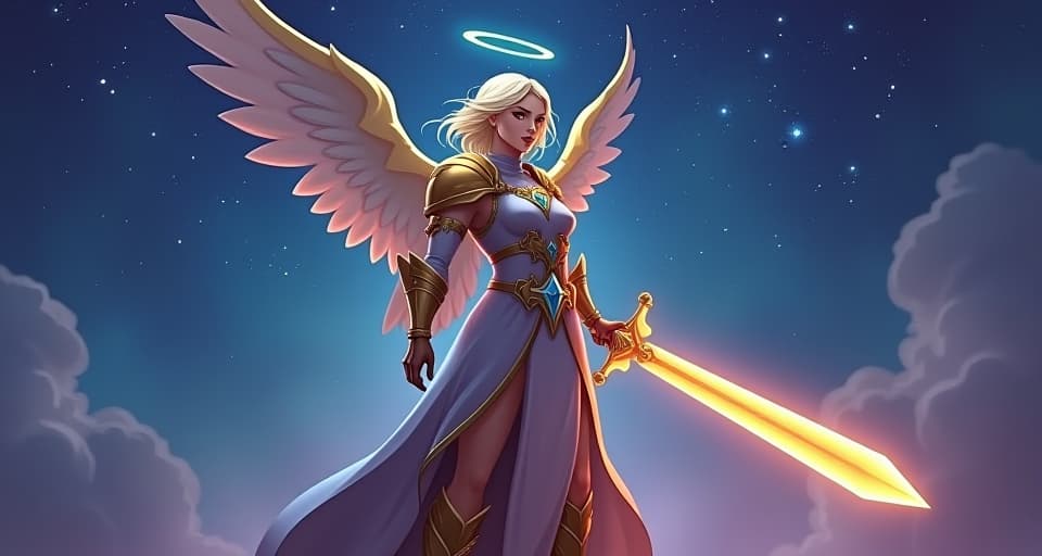  a celestial warrior with a glowing sword, standing tall under a starry sky. defiant strength, unwavering confidence, steadfast protector.. the style is digital art illustration,highly detailed, whimsical,magical, dreamlike atmosphere, realism and fantasy blend, smooth, glossy textures,luminous quality, wonder and enchantment.