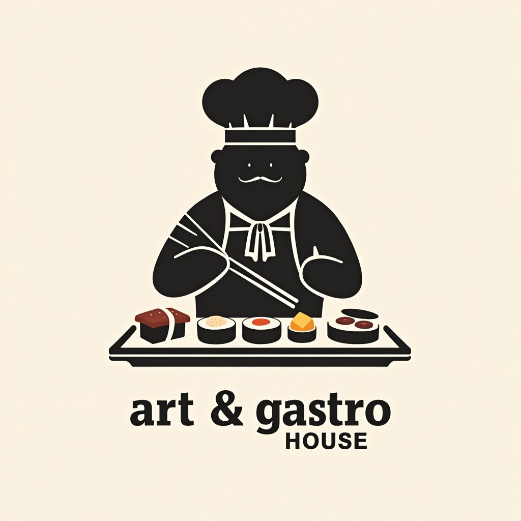  design a logo, in a minimalism style. fundo branco silhueta de cozinheiro montando prato de sushi, entregas de comida , with the text 'art gastro house'.