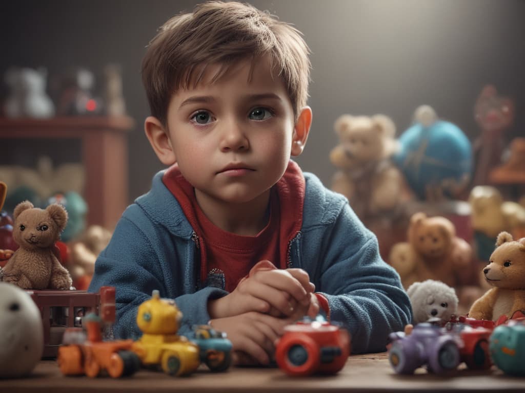 ultra realistic ((ultra realistic ((a child with a thoughtful expression surrounded by toys)))) hyperrealistic, full body, detailed clothing, highly detailed, cinematic lighting, stunningly beautiful, intricate, sharp focus, f/1. 8, 85mm, (centered image composition), (professionally color graded), ((bright soft diffused light)), volumetric fog, trending on instagram, trending on tumblr, HDR 4K, 8K