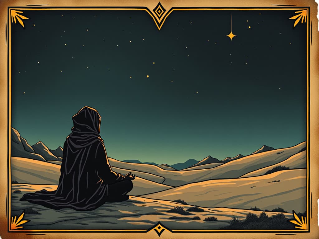  isolated desert scene, single figure meditating, night sky, stars twinkling, sacred aura, spiritual introspection. an illustration in the style of a worn, mystical old tarot trump card, mysterious and elements of surrealism. the colors are muted, somber and eerie, but with contrast bring out an occult and esoteric vibe.