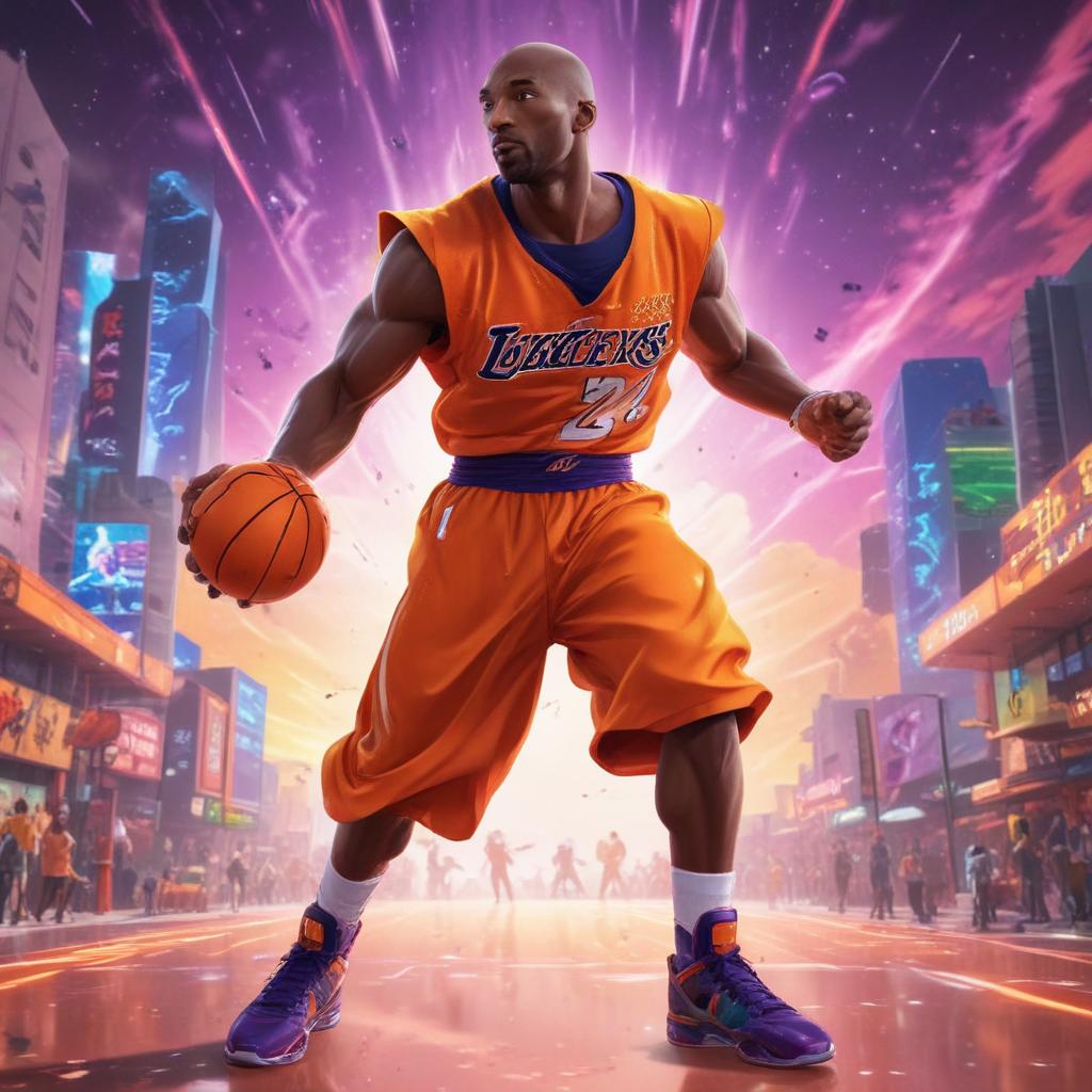 distance-shot, flashy, full-body, dynamic, holographic, animated cartoon poster of kobe scene in the style of dragon ball super