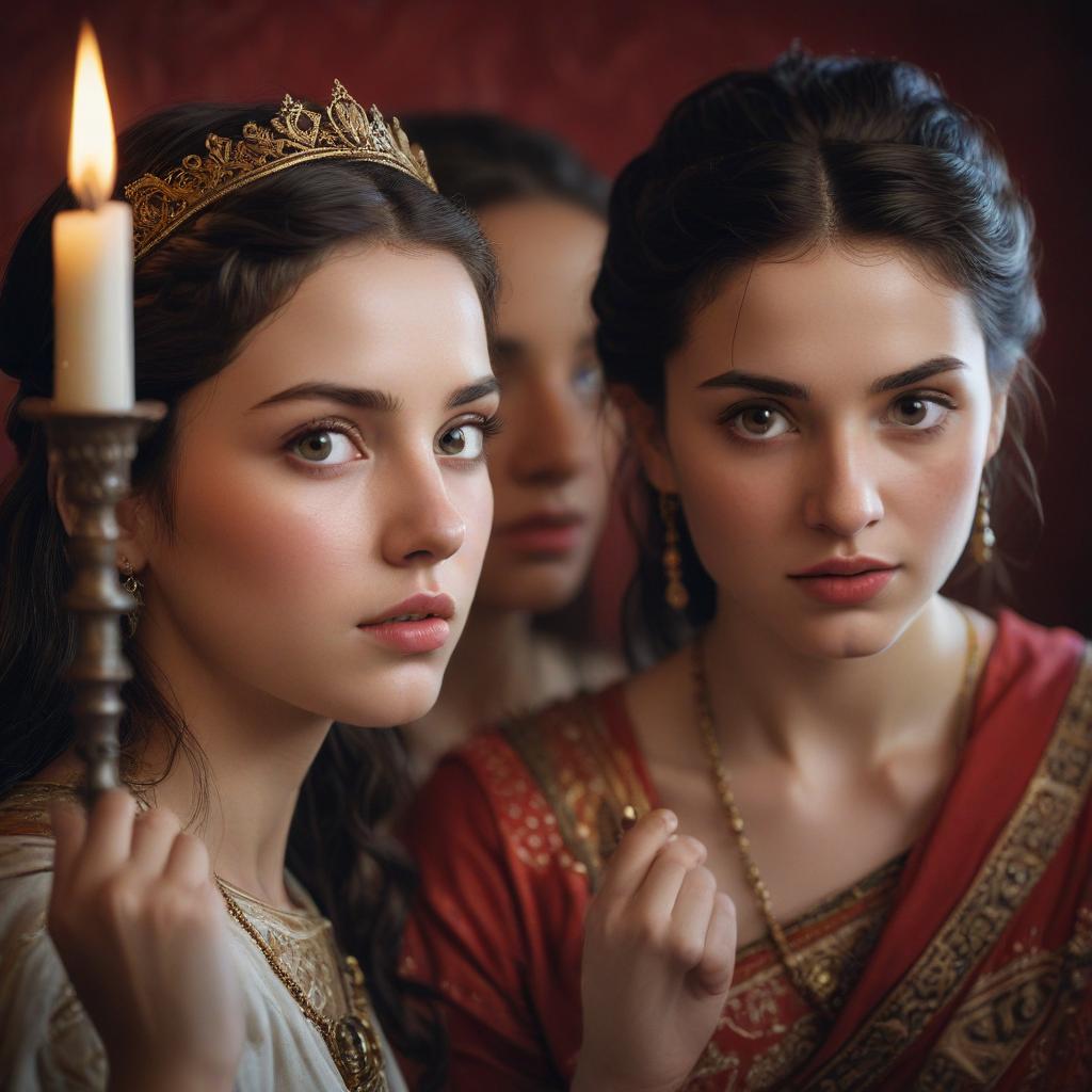 A close up of the king's daughters' faces as they marvel at the gifts before them, their expressions a mix of curiosity and delight, bathed in the soft glow of candlelight, highlighting their anticipation and innocence, shot with a shallow depth of field to focus on their reactions"in the style of classical Greek pottery art, with intricate black figures on a red background, depicting mythological scenes with a focus on gods and heroes, using a limited color palette of red, black, and white"This image is a breathtaking painting that captures the magical scene with vivid detail. The overall composition is spellbinding, showcasing a perfect harmony. photorealism fantasy, unreal engine 5, concept hyperrealistic, full body, detailed clothing, highly detailed, cinematic lighting, stunningly beautiful, intricate, sharp focus, f/1. 8, 85mm, (centered image composition), (professionally color graded), ((bright soft diffused light)), volumetric fog, trending on instagram, trending on tumblr, HDR 4K, 8K