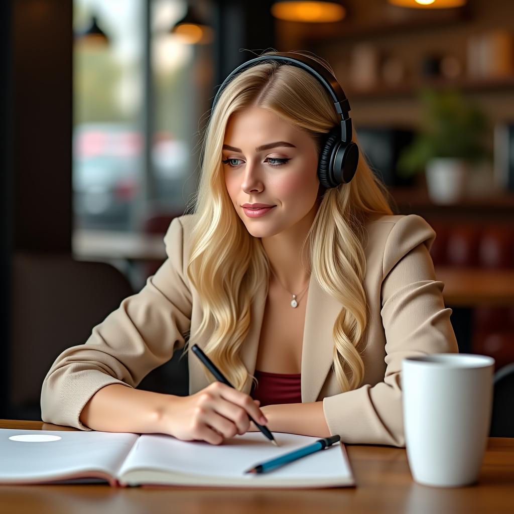  make an image of a blonde woman studying at a cafe with headphones