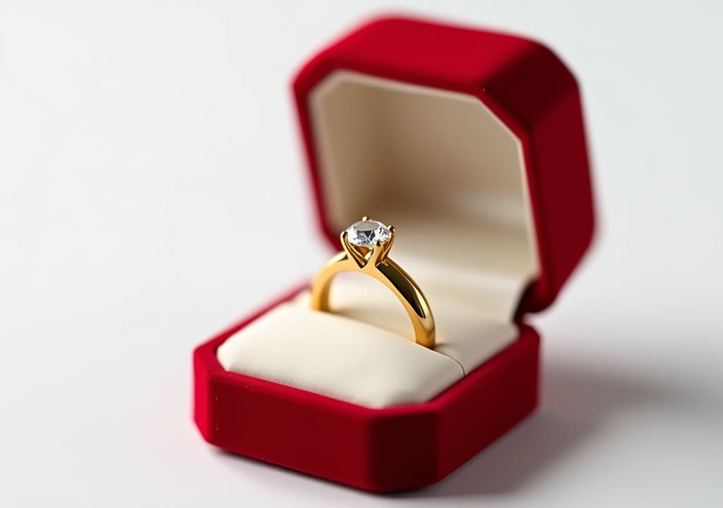  shiny gold ring with diamond in red velvet box, isolated on white background, ideal for engagement promotions