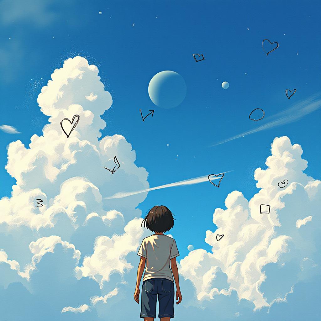  many black pencil scrawls doodles on the sky with a beautiful blue sky background with unique soft white clouds. anime. studio ghibli style. firooze hyperrealistic, full body, detailed clothing, highly detailed, cinematic lighting, stunningly beautiful, intricate, sharp focus, f/1. 8, 85mm, (centered image composition), (professionally color graded), ((bright soft diffused light)), volumetric fog, trending on instagram, trending on tumblr, HDR 4K, 8K