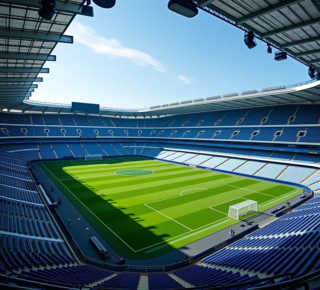  a stadium with a green field and blue seats