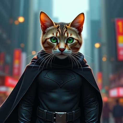  in a bustling cityscape backdrop, hemule, the anthropomorphic tabby cat, dons an all black superhero outfit exuding a rebellious charm. his striking green eyes gleam with determination as he navigates financial charts hovering around him, each candle symbolizing market volatility. rendered in a vibrant, ultra realistic style reminiscent of a comic book, hemule's edgy vibe and immaculate style shine through. hyperrealistic, full body, detailed clothing, highly detailed, cinematic lighting, stunningly beautiful, intricate, sharp focus, f/1. 8, 85mm, (centered image composition), (professionally color graded), ((bright soft diffused light)), volumetric fog, trending on instagram, trending on tumblr, HDR 4K, 8K