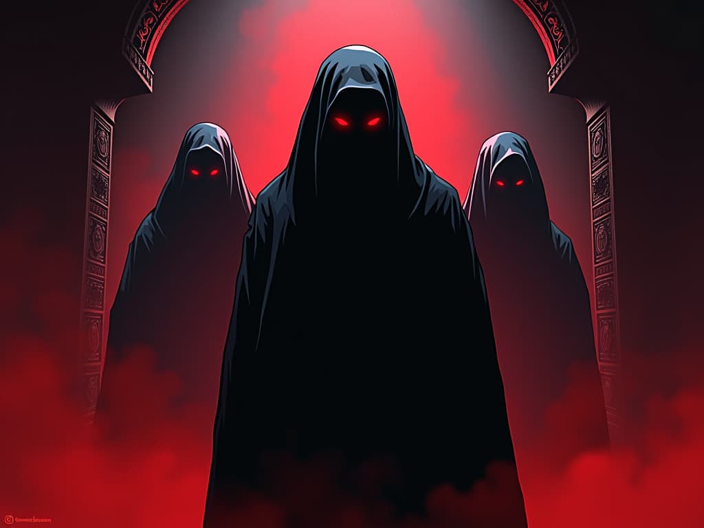  spectral figures with accusing eyes, red tinted mist, darkened room with ancient carvings, air of anticipated condemnation. the style is digital art illustration / modern comic book / graphic dark novel fantasy and mysterious occult, symbolic, moody lighting, esoteric vibe,high detail on character design. for the color scheme emphasize blacks and reds.