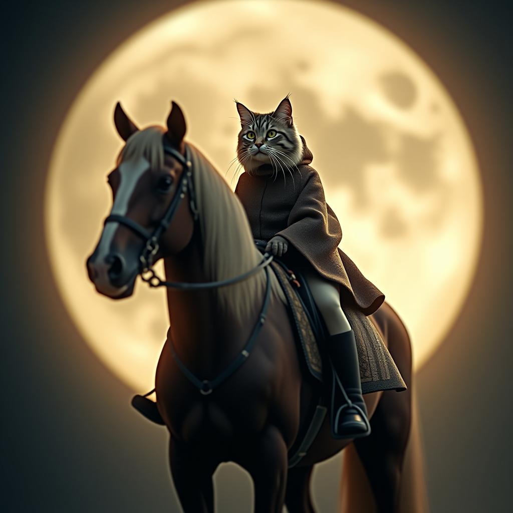  a cat riding a horse, photography, on the moon, studio light, hdr 4k hyperrealistic, full body, detailed clothing, highly detailed, cinematic lighting, stunningly beautiful, intricate, sharp focus, f/1. 8, 85mm, (centered image composition), (professionally color graded), ((bright soft diffused light)), volumetric fog, trending on instagram, trending on tumblr, HDR 4K, 8K