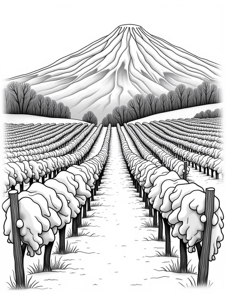  this is for an adult coloring page. a detailed black and white line art of a snowy snow covered vineyard with a snow capped mountain in the background on a solid white background.