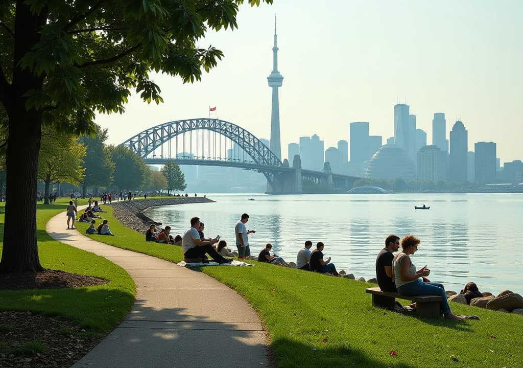  a serene view of humber bay park, showcasing its lush trails, the humber bay arch bridge, and the tranquil waters of lake ontario, with people enjoying picnics, walking, and kayaking, all set against the backdrop of the toronto skyline. hyperrealistic, full body, detailed clothing, highly detailed, cinematic lighting, stunningly beautiful, intricate, sharp focus, f/1. 8, 85mm, (centered image composition), (professionally color graded), ((bright soft diffused light)), volumetric fog, trending on instagram, trending on tumblr, HDR 4K, 8K