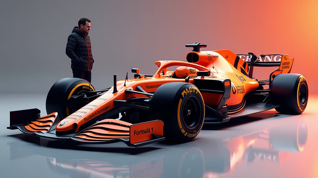  prompt: create an ultra detailed and hyper realistic image of a mclaren mcl38 formula 1 car showcasing its revolutionary rear wing design. the composition should feature the intricate aerodynamic elements of the wing that captured attention during the azerbaijan grand prix 2024. include mclaren team principal andrea stella overseeing the car, emphasizing the team's focus on innovation and development. show logos of mclaren and formula 1 prominently displayed on the car. incorporate a bright and