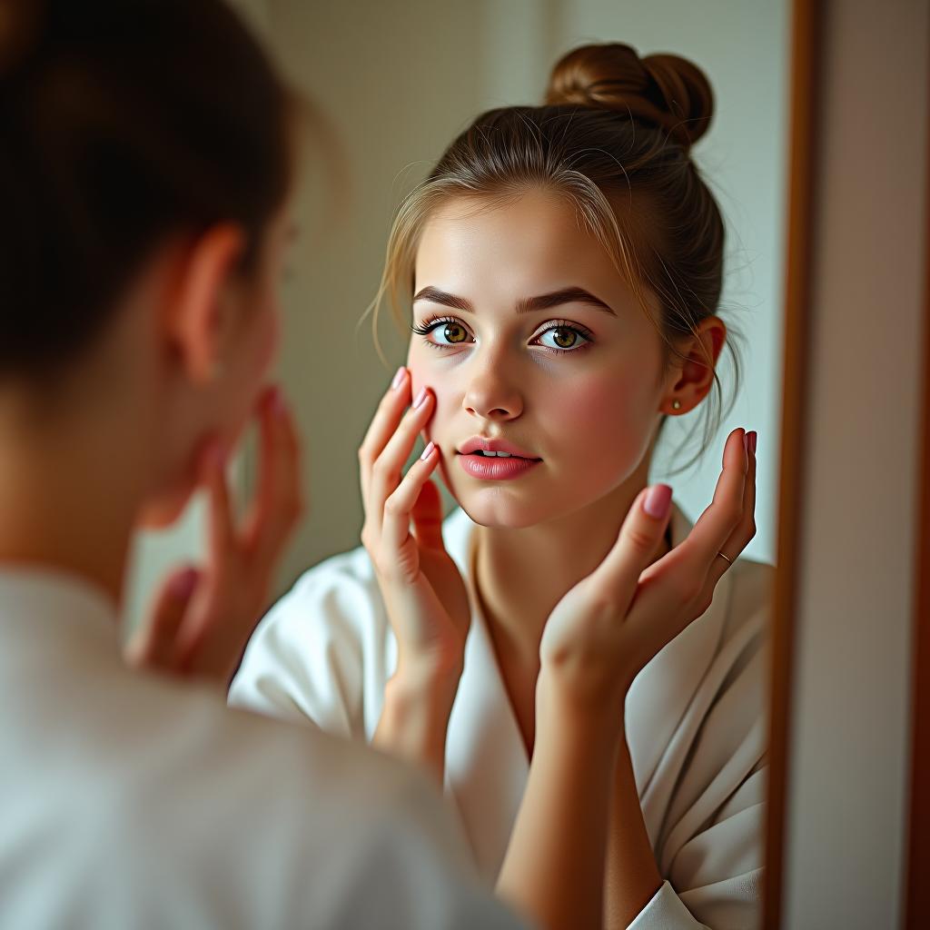  a slavic girl is applying japanese cosmetics to her skin in front of the mirror.