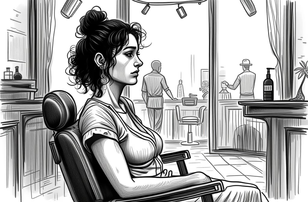  contour, very simple image in one unbroken black ink line, single line of curly woman sitting in a barber chair. blurred background of a barber shop in the background. photo from the waist up. no people and shadows in the background ar 3:2 using a single continuous black line ink brushon white background, drawing should be created without lifting the pen, recognizable features of curly woman sitting in a barber chair. blurred background of a barber shop in the background. photo from the waist up. no people and shadows in the background ar 3:2 in one unbroken line