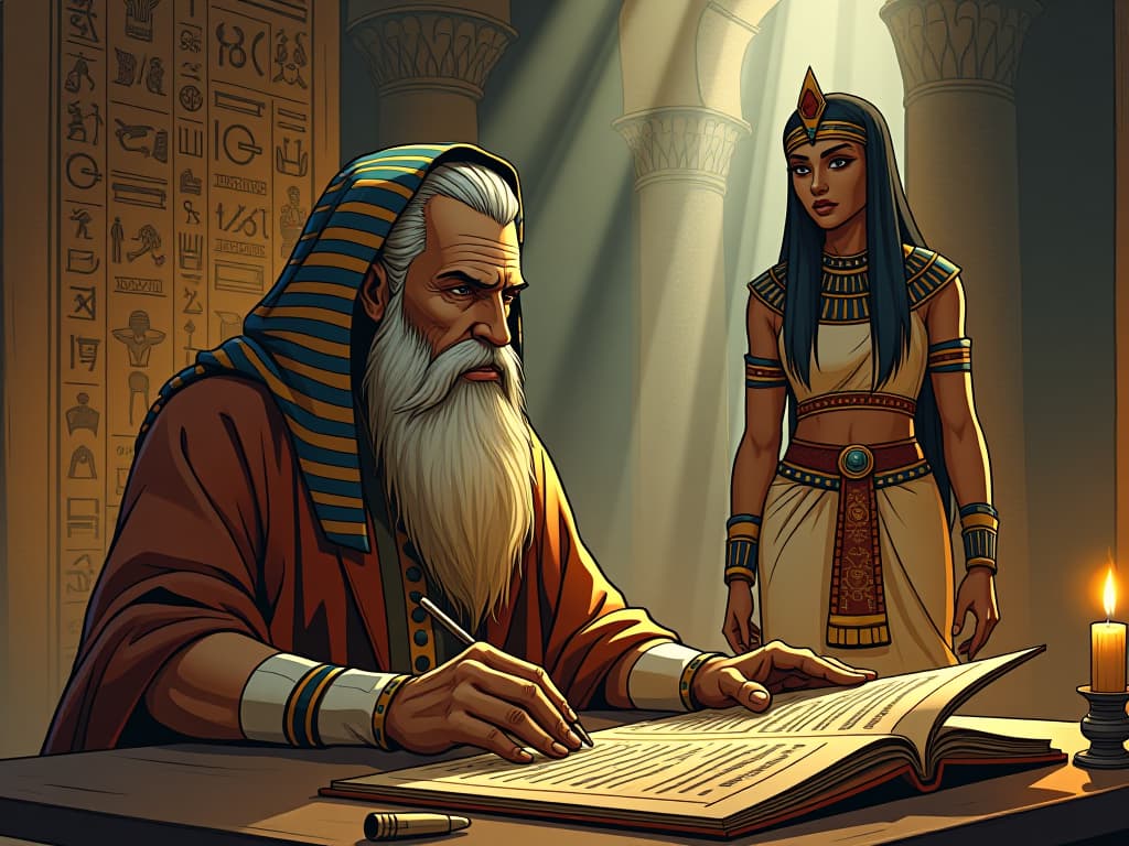  a wise sage in an illuminated room, deciphering ancient egyptian hieroglyphs, a large busted priestess at his side, symbolizing profound understanding. the style is digital art illustration / modern comic book / mysterious occult, symbolic, esoteric vibe,high detail on character design, incorporating ancient egyptian symbology and attire.