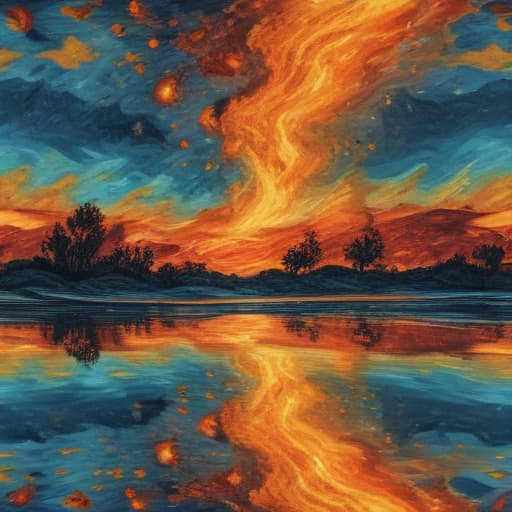 Fire above water with land and sky in Van Gogh style