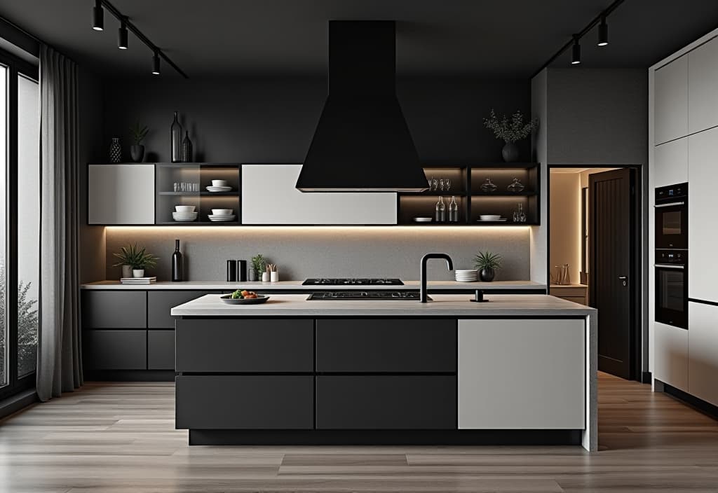  a landscape photo of a contemporary kitchen with a dramatic black and white color scheme, featuring a statement range hood, smart appliances, and a hidden pantry door seamlessly blending with cabinetry hyperrealistic, full body, detailed clothing, highly detailed, cinematic lighting, stunningly beautiful, intricate, sharp focus, f/1. 8, 85mm, (centered image composition), (professionally color graded), ((bright soft diffused light)), volumetric fog, trending on instagram, trending on tumblr, HDR 4K, 8K