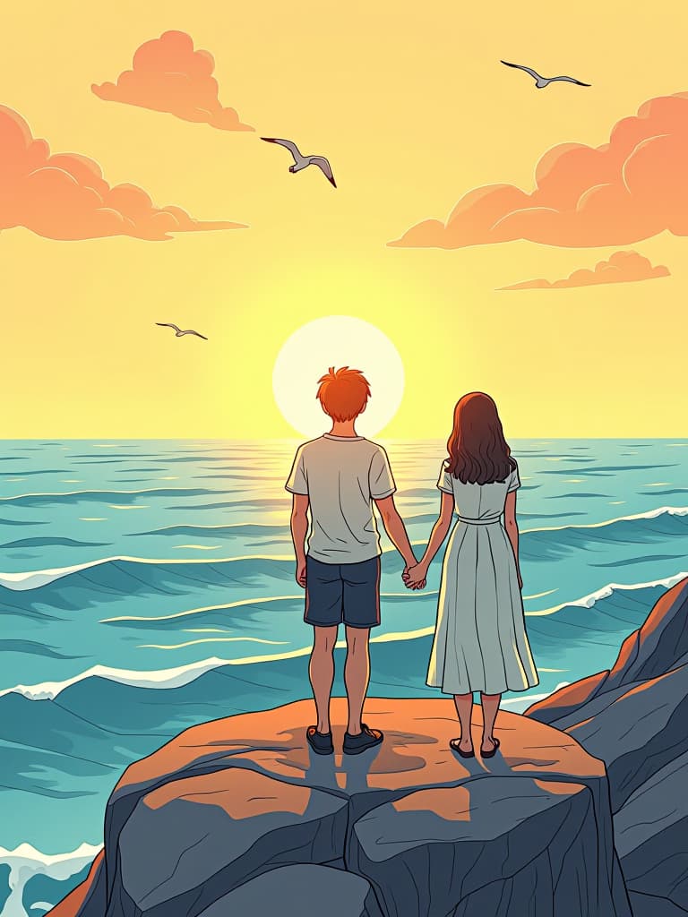  line art drawing a serene life by the sea in the golden hour, shot in 4k in the style of isao takahata. a couple stands on the edge of a cliff, holding hands, and watches the sun slowly sink into the ocean. the sky, painted in golden and pale blue colors, casts a warm glow on their faces. the waves break gently on the rocky shore below, and seagulls flutter in the distance. the couple shares a quiet, intimate moment surrounded by nostalgic warmth and the soothing beauty of the landscape. . professional, sleek, modern, minimalist, graphic, line art, vector graphics hyperrealistic, full body, detailed clothing, highly detailed, cinematic lighting, stunningly beautiful, intricate, sharp focus, f/1. 8, 85mm, (centered image composition), (professionally color graded), ((bright soft diffused light)), volumetric fog, trending on instagram, trending on tumblr, HDR 4K, 8K