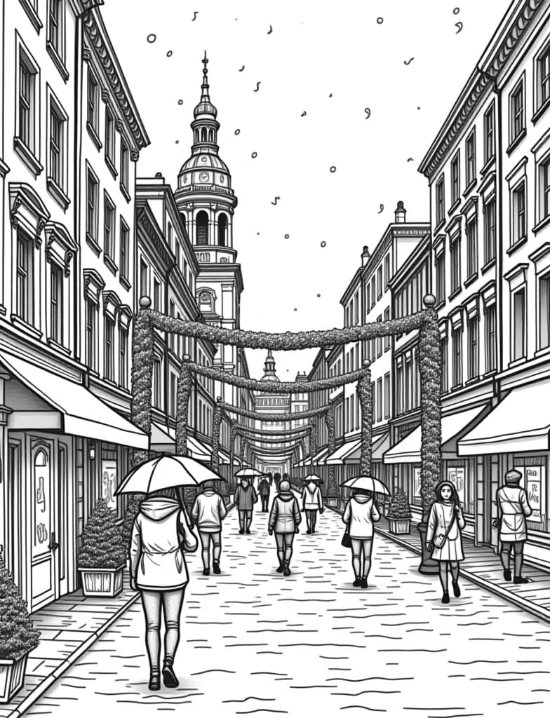  this is for an adult coloring page. a detailed black and white line art of a snowy snowy cityscape with people walking under umbrellas and holiday decorations on a solid white background.