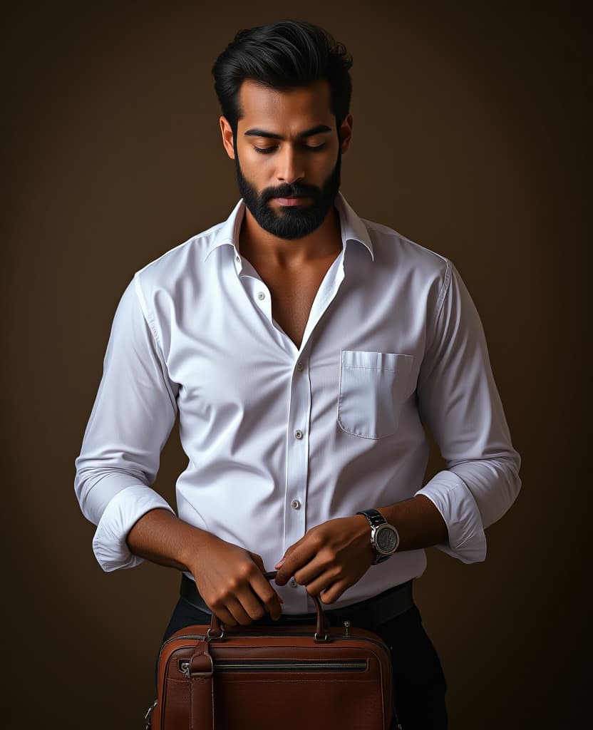  hdr photo of man, wearing a white shirt around his waist, dark brown background, model, putting into a bag . high dynamic range, vivid, rich details, clear shadows and highlights, realistic, intense, enhanced contrast, highly detailed