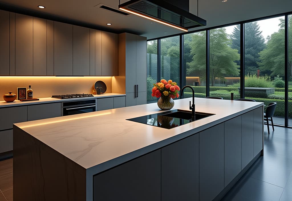  a landscape photo of an expansive kitchen island topped with a seamless stainless steel countertop, reflecting ambient light and showcasing a built in induction cooktop hyperrealistic, full body, detailed clothing, highly detailed, cinematic lighting, stunningly beautiful, intricate, sharp focus, f/1. 8, 85mm, (centered image composition), (professionally color graded), ((bright soft diffused light)), volumetric fog, trending on instagram, trending on tumblr, HDR 4K, 8K