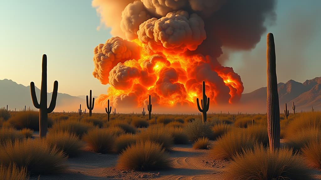  massive explosion in desert landscape near cacti