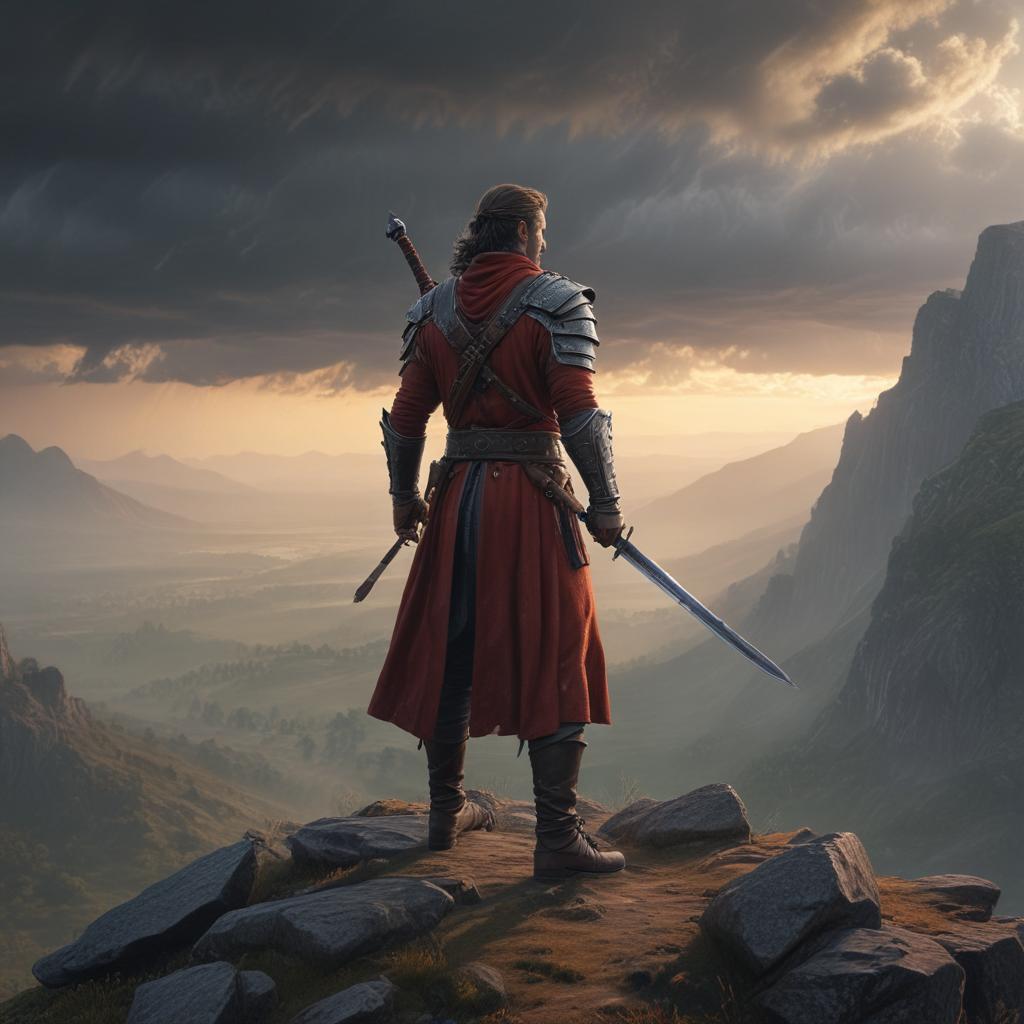 ((masterpiece)),(((best quality))), 8k, high detailed, ultra detailed, A lone warrior, (sword raised high), standing on a cliff edge, overlooking a vast, mist covered valley, (sun setting in the background), (ominous storm clouds approaching) hyperrealistic, full body, detailed clothing, highly detailed, cinematic lighting, stunningly beautiful, intricate, sharp focus, f/1. 8, 85mm, (centered image composition), (professionally color graded), ((bright soft diffused light)), volumetric fog, trending on instagram, trending on tumblr, HDR 4K, 8K