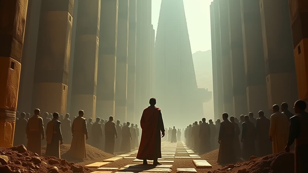  a dramatized scene of ninus, the founder of babel, giving orders to build the tower, with workers busy around him. hyperrealistic, full body, detailed clothing, highly detailed, cinematic lighting, stunningly beautiful, intricate, sharp focus, f/1. 8, 85mm, (centered image composition), (professionally color graded), ((bright soft diffused light)), volumetric fog, trending on instagram, trending on tumblr, HDR 4K, 8K