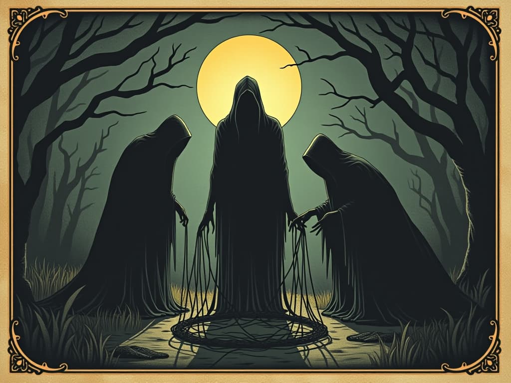  shadowed figures laying snares, darkness enveloping, hidden traps, subtle moonlight, malevolent intent, treachery. an illustration in the style of a worn, mystical old tarot trump card, mysterious and elements of surrealism. the colors are muted, somber and eerie, but with contrast bring out an occult and esoteric vibe.