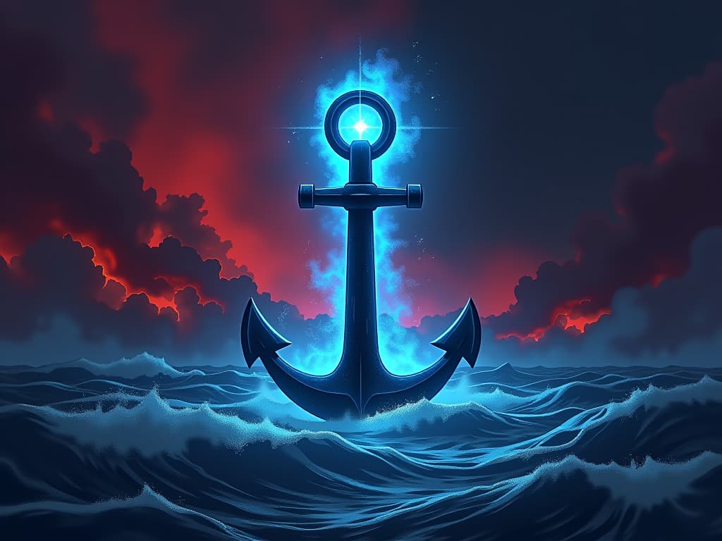  anchor glowing with blue energy, casting light on turbulent seas, symbol of integrity. the style is digital art illustration / modern comic book / graphic dark novel fantasy and mysterious occult, symbolic, moody lighting, esoteric vibe,high detail on character design. for the color scheme emphasize blacks and reds.