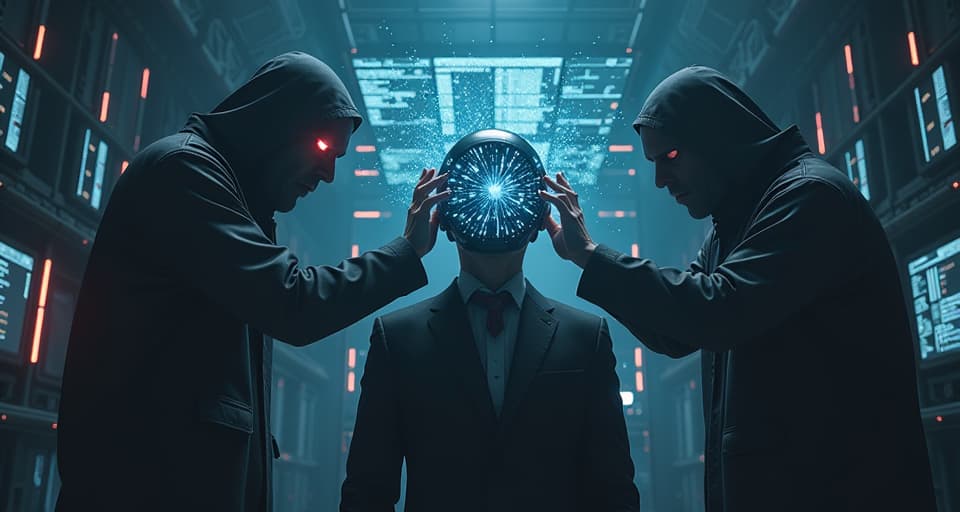  a caricature like unreal engine style rendering of shadowy, malevolent figures surrounding a person with a neural interface helmet. the figures manipulate glowing data streams that seem to flow into the person's helmet, symbolizing manipulation and use. the background is a dark, ominous high tech room filled with imposing machinery and data screens.