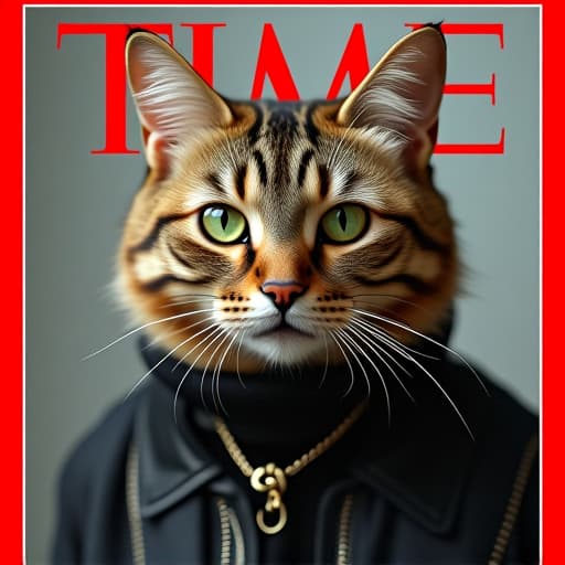  prompt: create a dynamic and avant garde time magazine cat of the year cover featuring hemule, the anthropomorphic light brown tabby cat. hemule, with his mix of brown, black, and grey stripes, and piercing green eyes, exudes a rebellious and tough persona. infuse the cover with hemule's immaculate style, charisma, and edgy vibe. utilize non representational forms, such as abstract shapes, colors, and textures, to convey mood and emotion rather than literal scenes. incorporate geometric patterns or organic shapes to evoke a sense of movement and energy, capturing the essence of hemule's distinctive character on this innovative magazine cover. hyperrealistic, full body, detailed clothing, highly detailed, cinematic lighting, stunningly beautiful, intricate, sharp focus, f/1. 8, 85mm, (centered image composition), (professionally color graded), ((bright soft diffused light)), volumetric fog, trending on instagram, trending on tumblr, HDR 4K, 8K