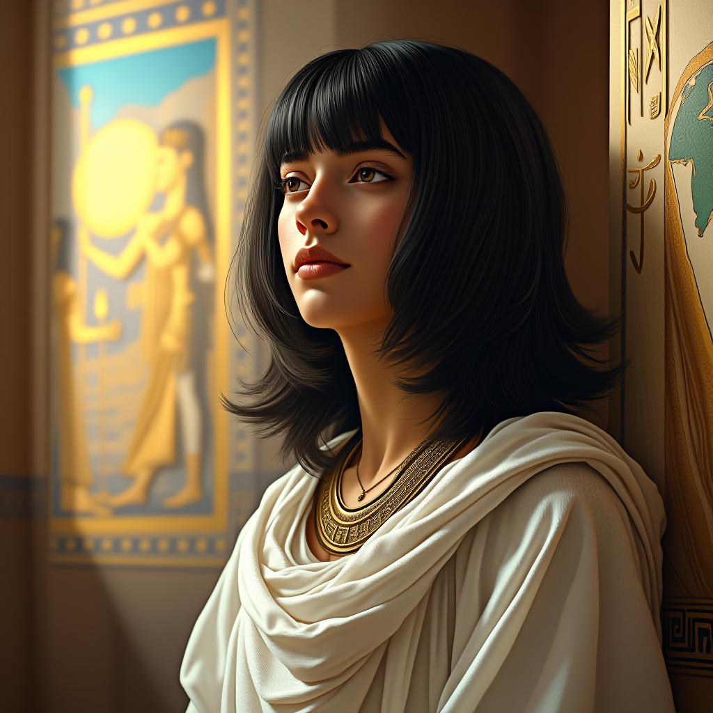  dreamscape ancient egypt; an incredibly beautiful twenty egyptian youth; he is in a room of an ancient egyptian building and dreams; his face is smoothly ; he has pleasant, pretty facial features; he has a light skin unusual for an egyptian; he is dressed in ancient egyptian white linen clothes and wears ancient egyptian jewelry; he has a dreamy facial expression; he has very lush hair to his shoulders, and a straight bang hides his forehead; the room where the young man is painted with ancient egyptian reliefs; cinematic lighting; cinematic style. . surreal, ethereal, dreamy, mysterious, fantasy, highly detailed