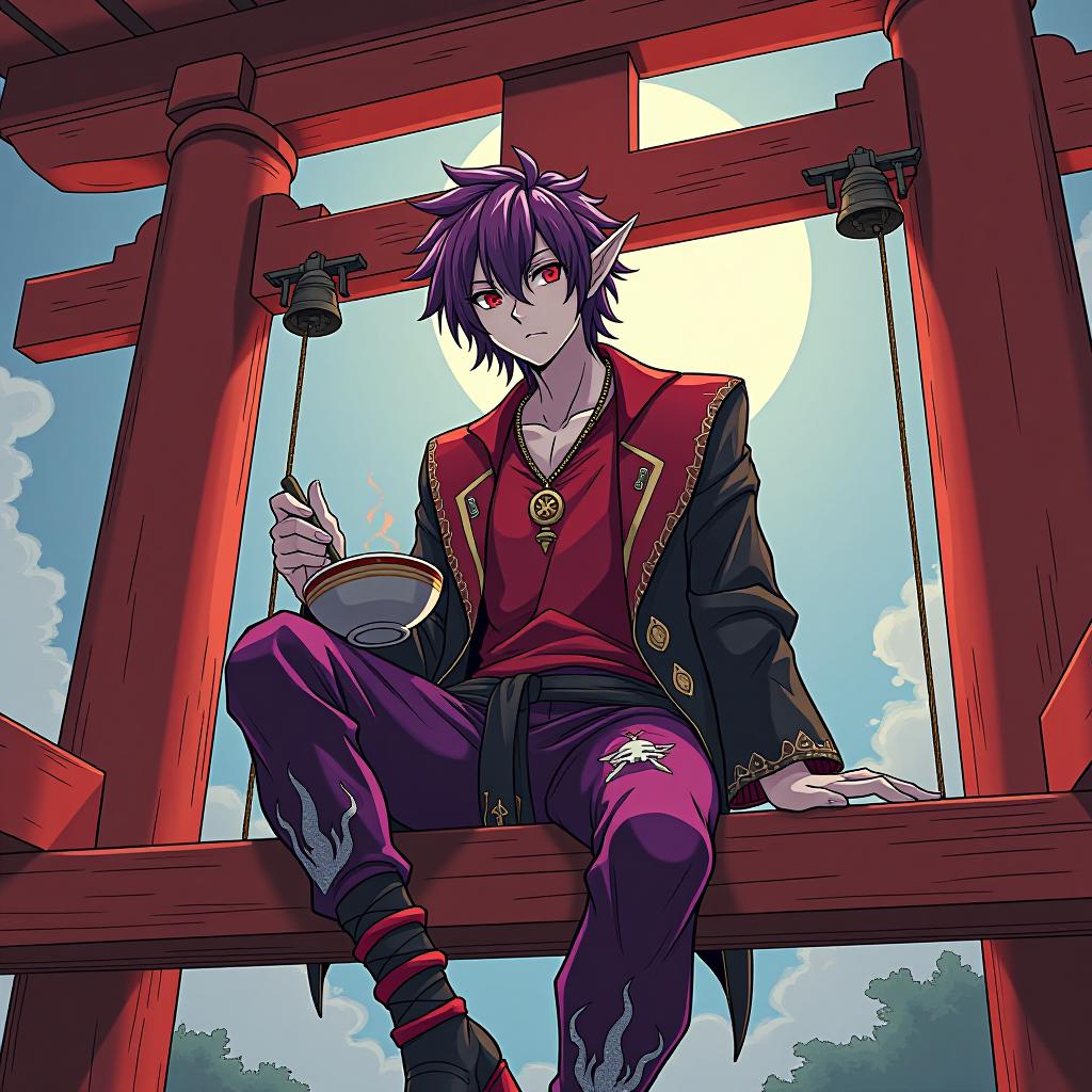  manga style ringo sits on the upper beam of the high red gate theories on which thin ropes hang bells in front of the shinto temple in his left hand at ringo's wide bowl of sake to the edges filled with alcohol ringo pirate a young mature dark male elf with marble white skin, purple scarlet hair, ringo wears a disheveled hairstyle of medium length, pointed ear tips, lavender red eyes, wears a burgundy shirt with gold embroidery, in addition, he wears a dark red half skin jacket made of snake leather with silver embroidery in the form of flame tongues on the legs of the trousers also wears of snake skin of purple, lavender red eyes, and in the right hand shaped sergo leather in a semi sized silver sergo leather. around his neck is a gold 