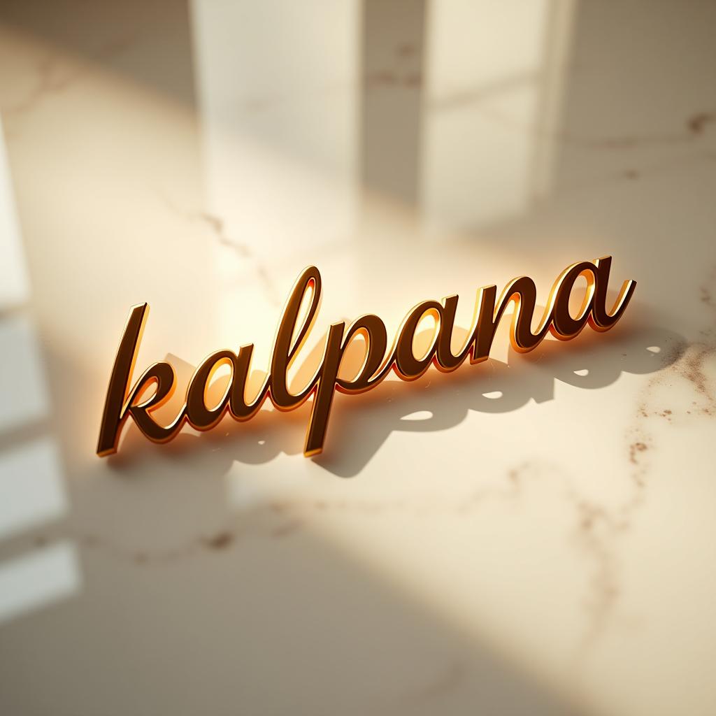  good quality, high quality, "kalpana" in elegant, flowing cursive lettering, illuminated by soft, golden light. the text is positioned on a marble like surface, with subtle reflections and shadows creating a warm, luxurious ambiance. background is a soft gradient of creamy white and pale gold hues.