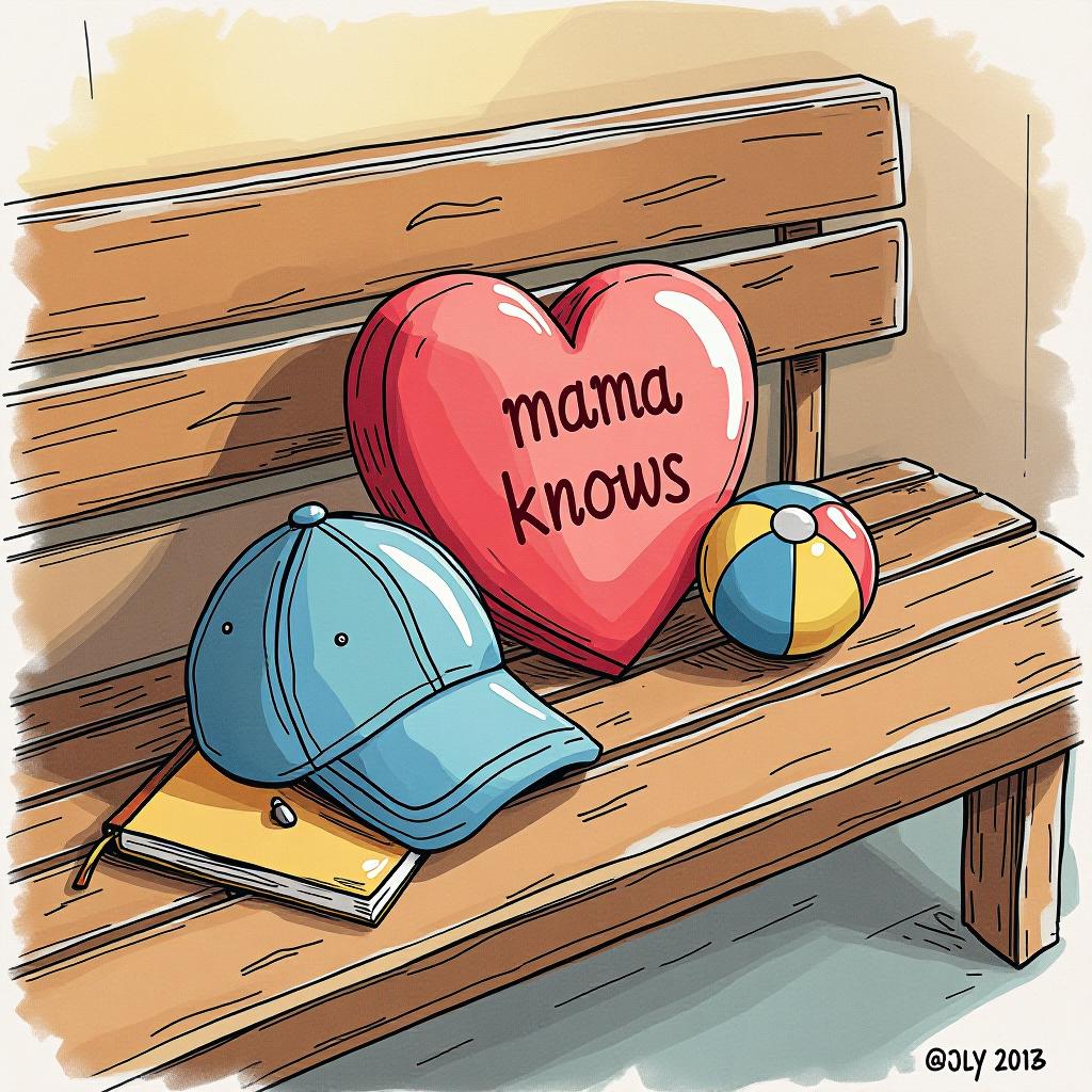  toy, cap, diary, ball. heart ♥️ with the inscription "mama knows" not on the object, but in the corner of the picture (the inscription is in russian). forgotten items in a children's club, lying on a bench. the picture is drawn.