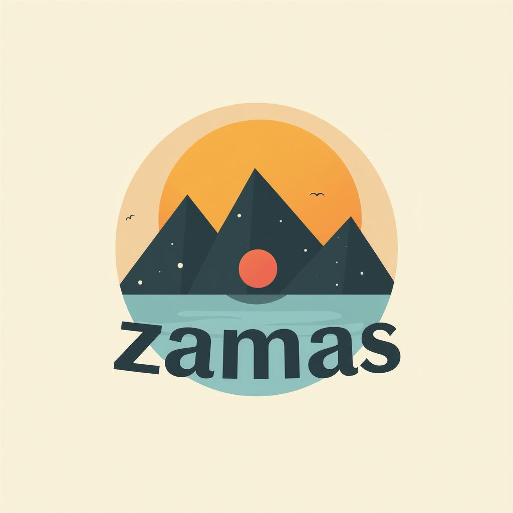  design a logo, has un logo con un sol, montañas, una cueva y un rio, with the text 'zamas'.