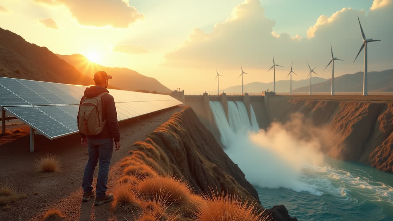  sunlight shining on a solar panel array in the desert, wind turbines spinning in a rural landscape, and water rushing through a hydroelectric dam hyperrealistic, full body, detailed clothing, highly detailed, cinematic lighting, stunningly beautiful, intricate, sharp focus, f/1. 8, 85mm, (centered image composition), (professionally color graded), ((bright soft diffused light)), volumetric fog, trending on instagram, trending on tumblr, HDR 4K, 8K