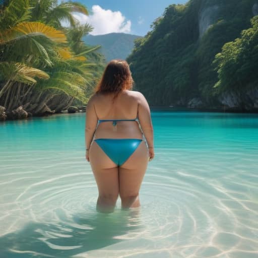 Generate a fat woman in bikini in a beautiful lagoon. We can see the Back of the woman.