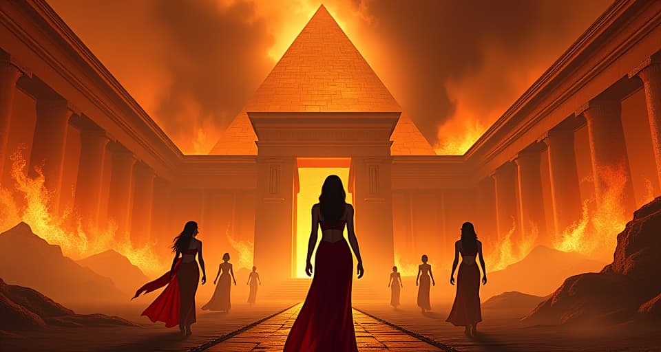  a grand palace with high walls, engulfed in roaring flames, large busted sorceresses and warriors in form fitting dresses looking determined, symbols of destruction and renewal. the style is digital art illustration / modern comic book / mysterious occult, symbolic, esoteric vibe,high detail on character design, incorporating ancient egyptian symbology and attire.