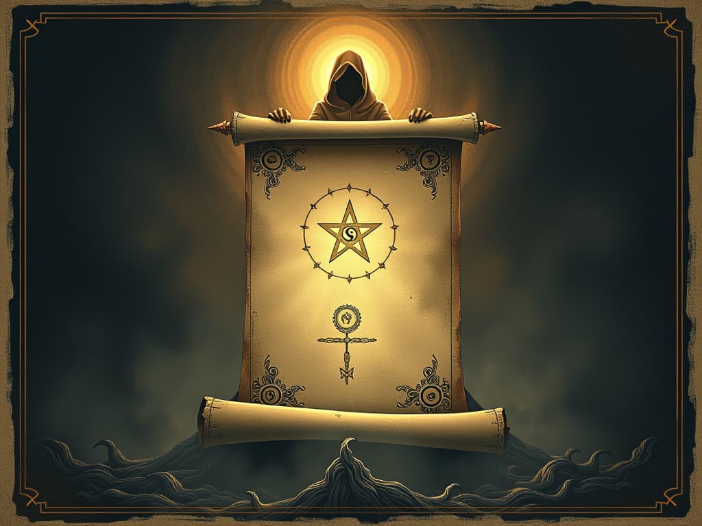  a scroll with ancient symbols and dark energy emanating, surrounded by eerie light, sense of caution, warning, deception. an illustration in the style of a worn, mystical old tarot trump card, mysterious and elements of surrealism. the colors are muted, somber and eerie, but with contrast bring out an occult and esoteric vibe.